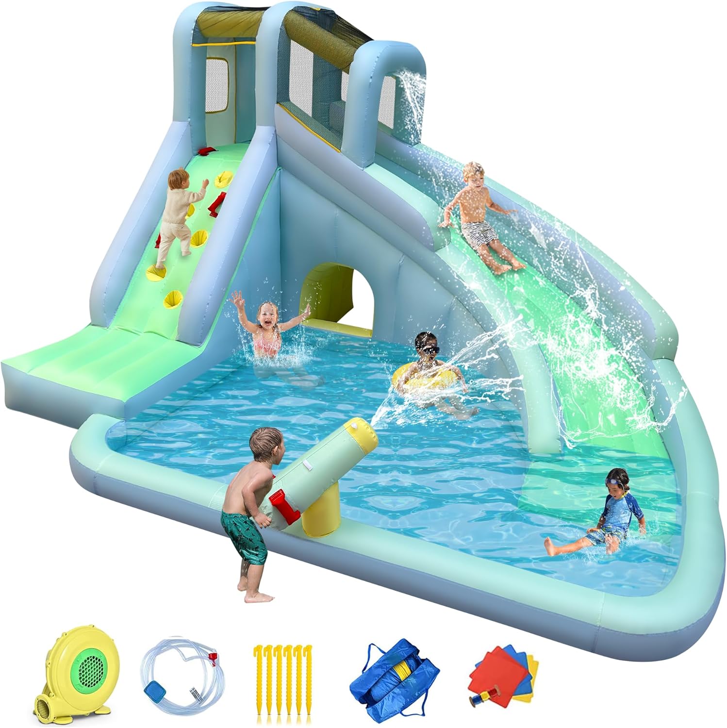 Kids Outdoor Water Park - 6-in-1 Aufblasbares Kinder-Hüpfburg-Wasserpark, 550W Gebläse Inklusive,