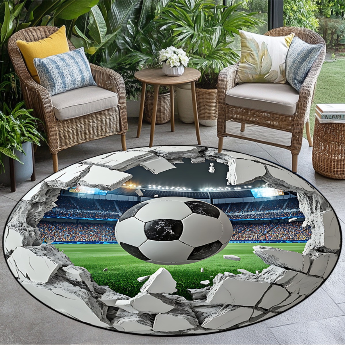 Kids Outdoor Mat Waterproof - 3D Fußballfeld Runder Teppich, Realistisches Fußball-Grünrasen-Muster