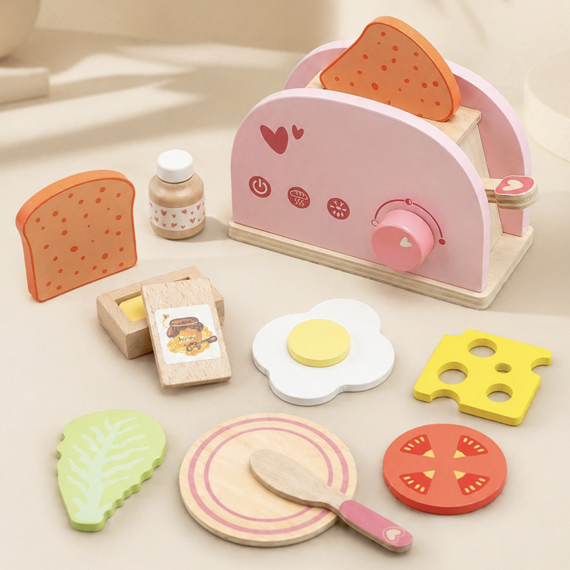 Kids Outdoor Mud Kitchen Accessories - Holz-Toaster-Spielzeug Kinder-Brotbackautomat-Set Rollenspiel-Küchenspielzeug-Set Frühstücks-Lernspielzeug Geschenke für