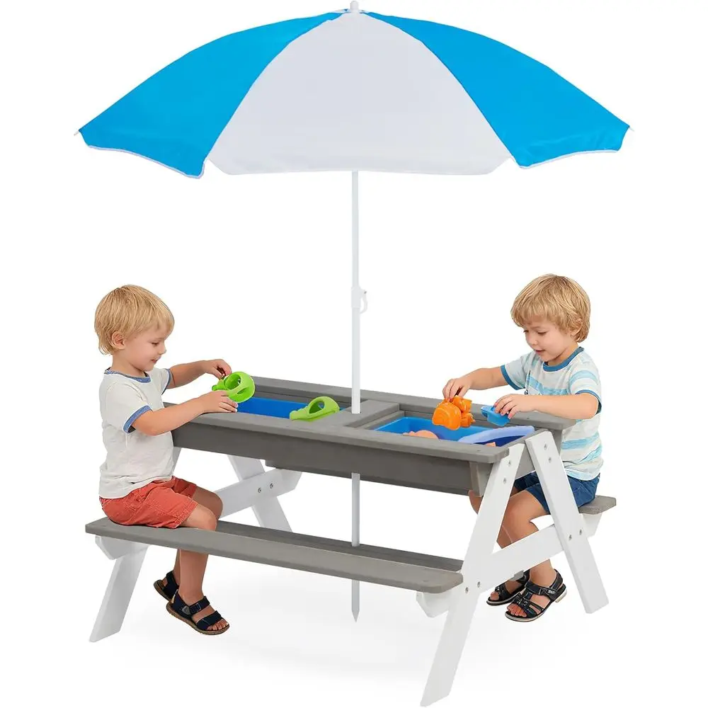 Kids Outdoor Umbrella - Konvertierbarer 3-in-1 Holz-Picknicktisch für Kinder, Outdoor-Sand-