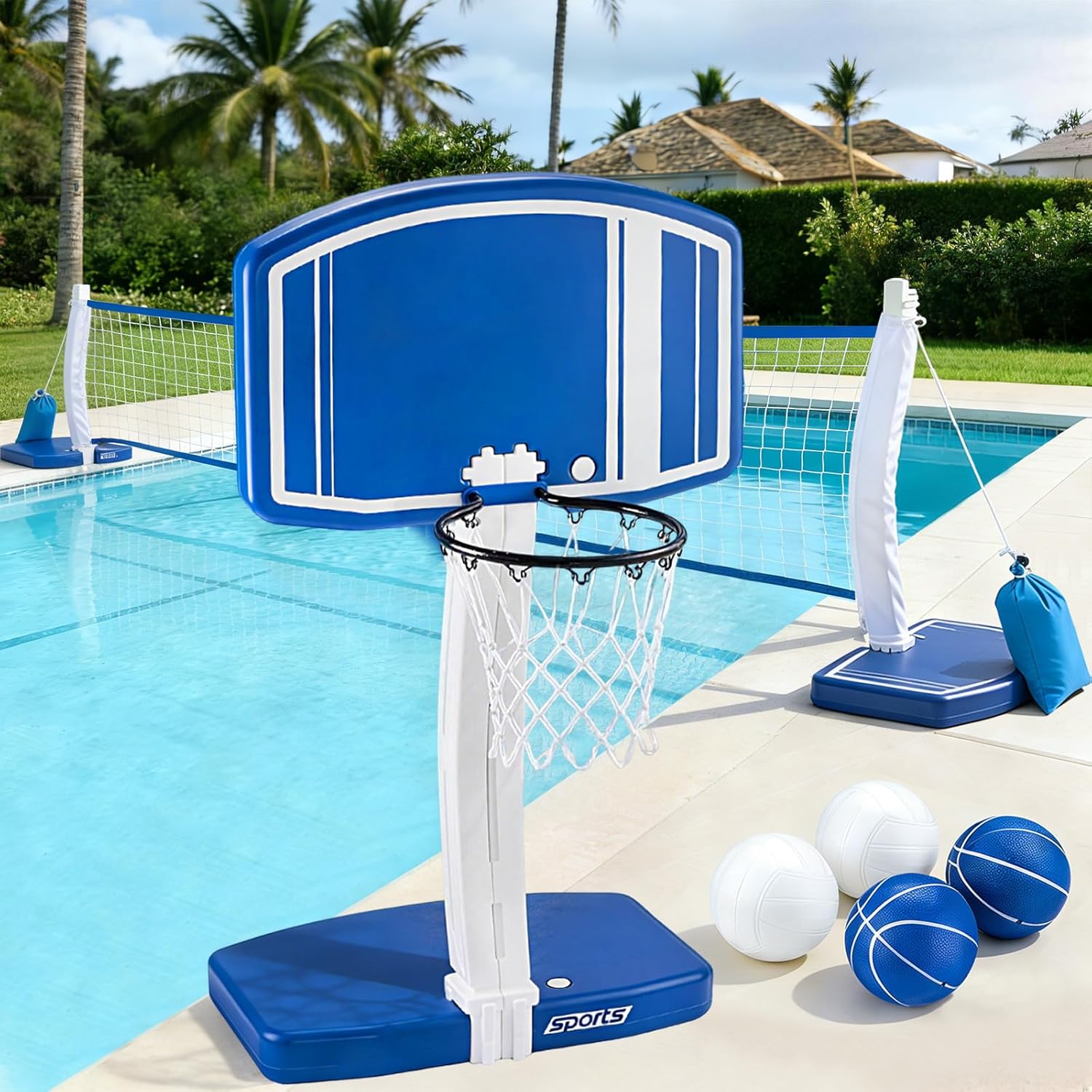 Outdoor Toys For Kids - Oberirdischer Pool-Basketballkorb und Volleyballnetz 2-in-1, Outdoor-Wasserspielzeug