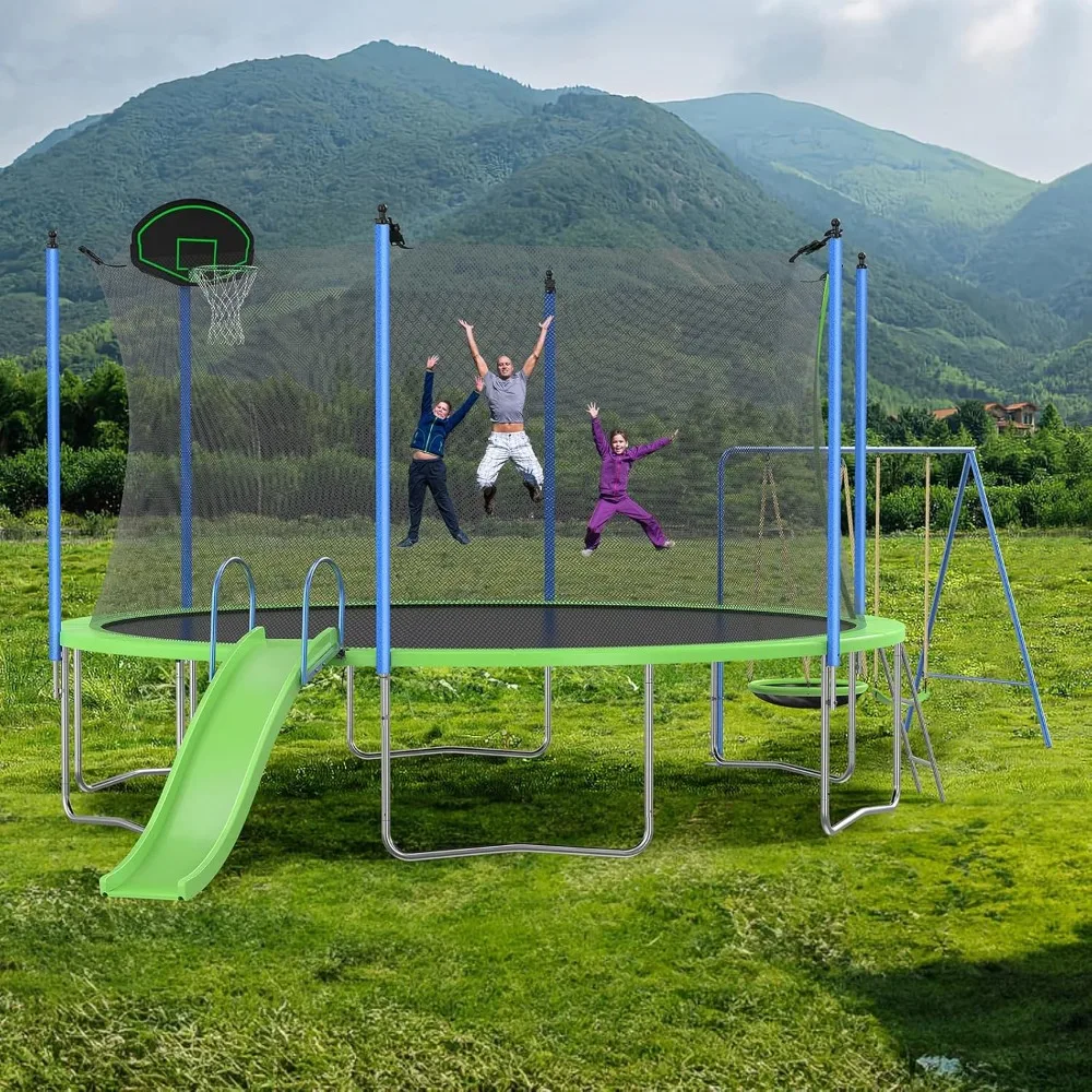 Kids Outdoor Swing Set With Slide - US-Versand 12-14FT Trampolin-Set mit Rutsche, Basketballkorb,