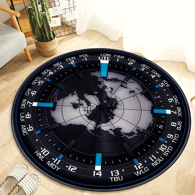 Kids Outdoor Zone - Weltzeitzone-Uhr-Druck Runder Teppich mit Stadtcodes, Rutschfester